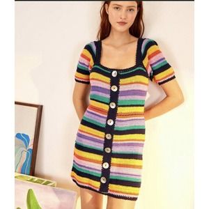 NWT Farm Rio Rainbow Stripe Crochet Mini Dress Anthropologie Sz. L